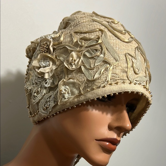 Chic Beige Embroidered  Beaded Cloche Hat main image 14